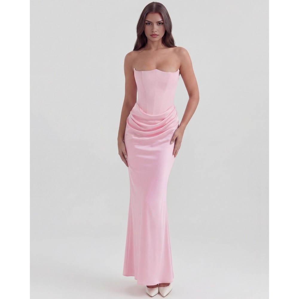 Almond Muse Strapless Draped Satin Midi Dress Pink Small New With Tags